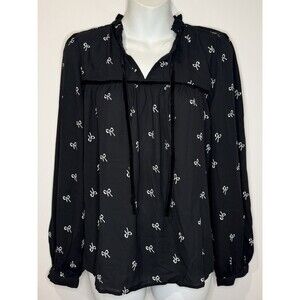 J Crew Black High Collar Tie Neck Blouse Ribbon Print Velvet Trim Size M NWT!!